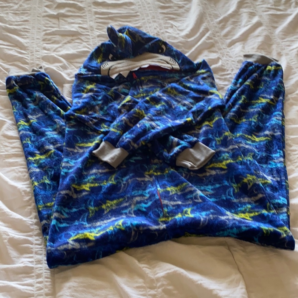 Boys onesie, shark pattern with shark hood.